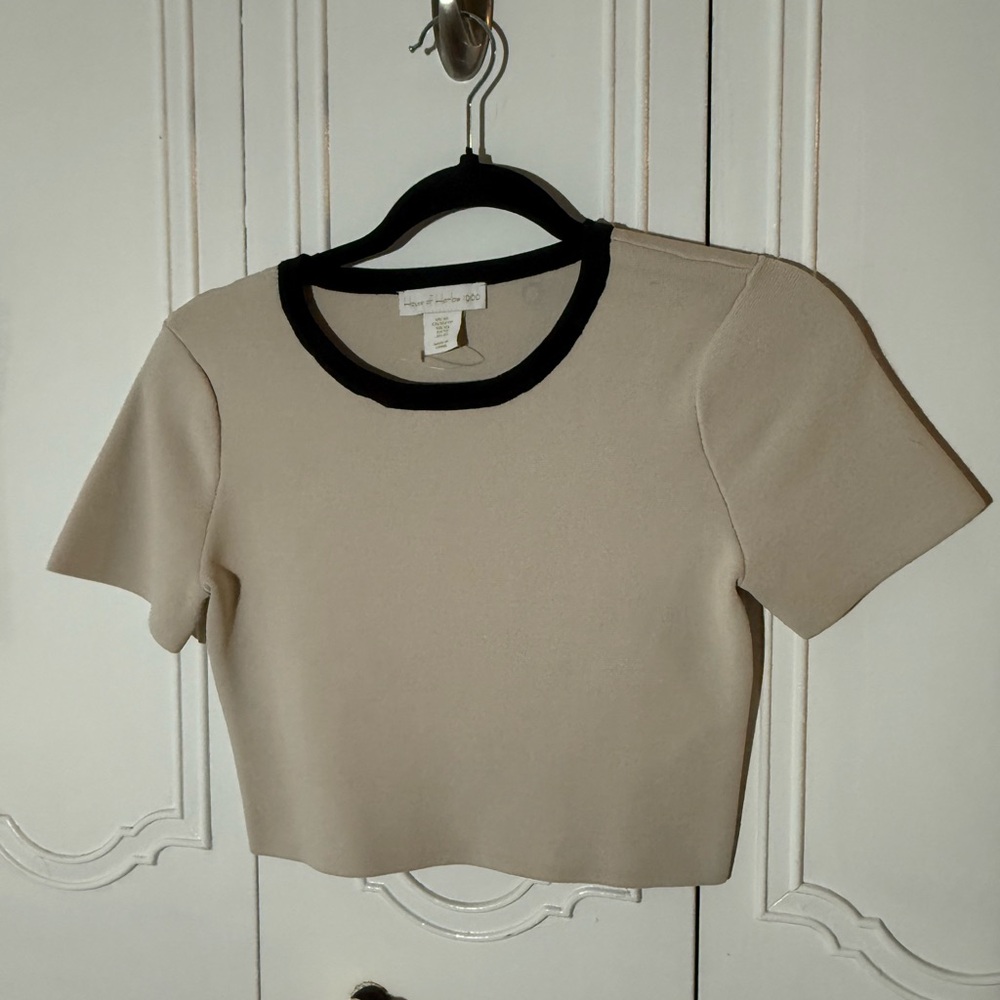 Elegant Beige Crop Top with Black Trim NWOT